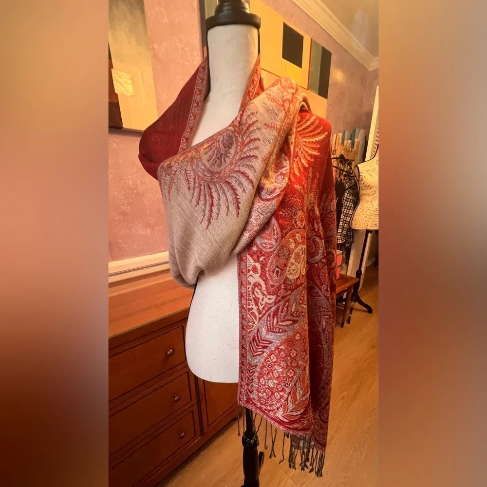 Vibrant Exquisite Red and Gold Paisley Wrap